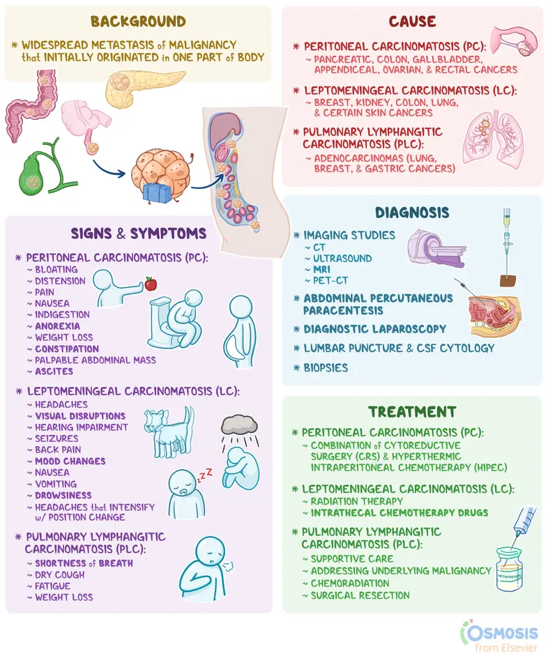 An infographic detailing the background, types, diagnosis, and treatment of carcinomatosis.