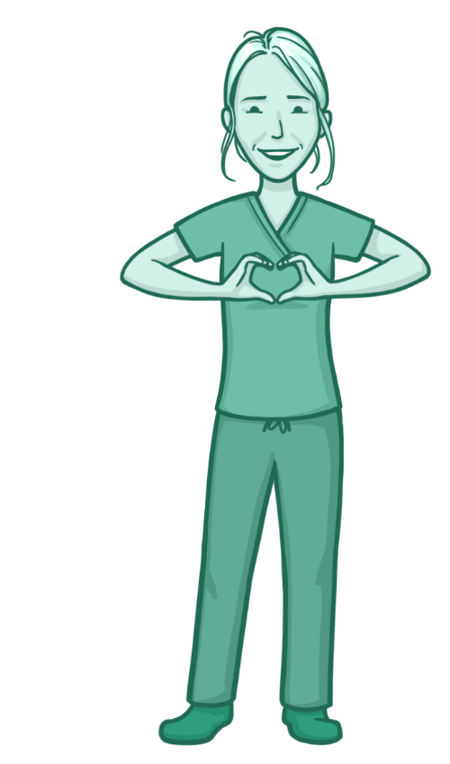Illustration of a healthcare professional in scrubs smiling and forming a heart shape with her hands in front of her chest, symbolizing gratitude, compassion, and patient-centered care.