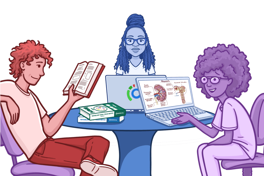 Osmosis.org style illustration of three students studying together at a table using medical textbooks and laptops displaying anatomy diagrams.