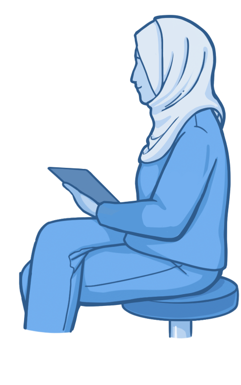 Una enfermera con hiyab está sentada en una habitación con una paciente, revisando su historial clínico. Está allí a petición de la paciente, quien solicitó que la atendieran exclusivamente mujeres.