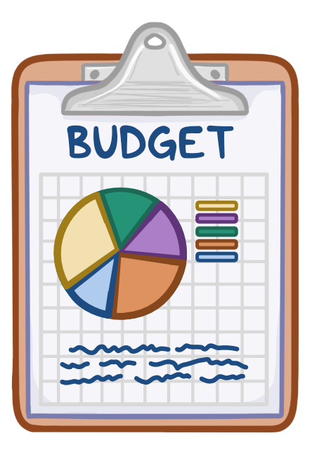 Osmosis.org style illustration of a budget secured on a clipboard, showing various charts and scribbles.
