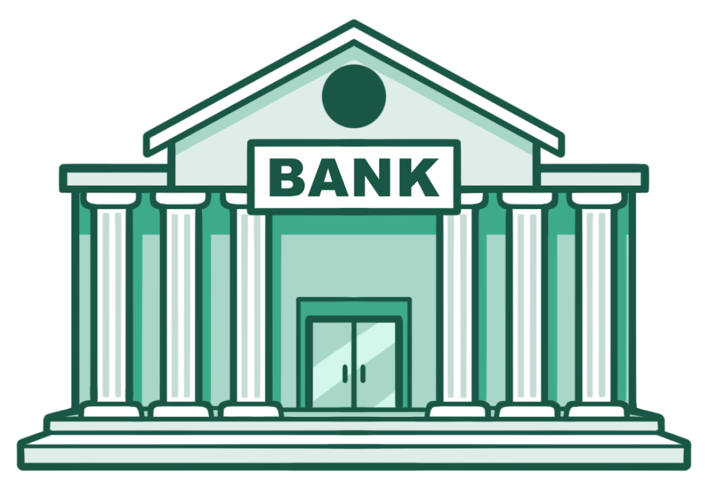 Illustration of a building with columns and stairs with a sign on it saying BANK