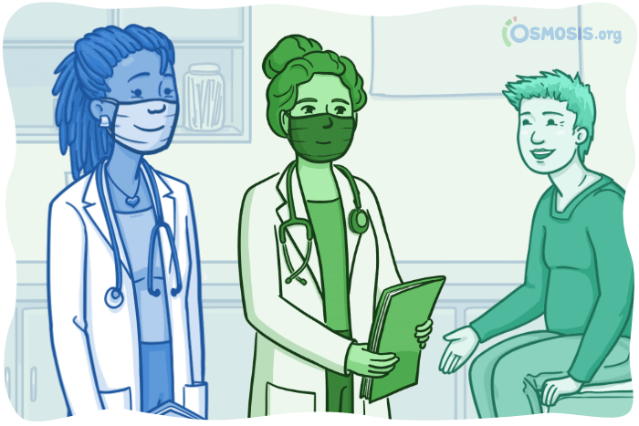 Osmosis.org illustration of two masked healthcare professionals speaking with a patient seated on an examination table. One clinician holds a medical chart while the patient gestures during the conversation, representing collaborative, patient-centered communication and clinical care.