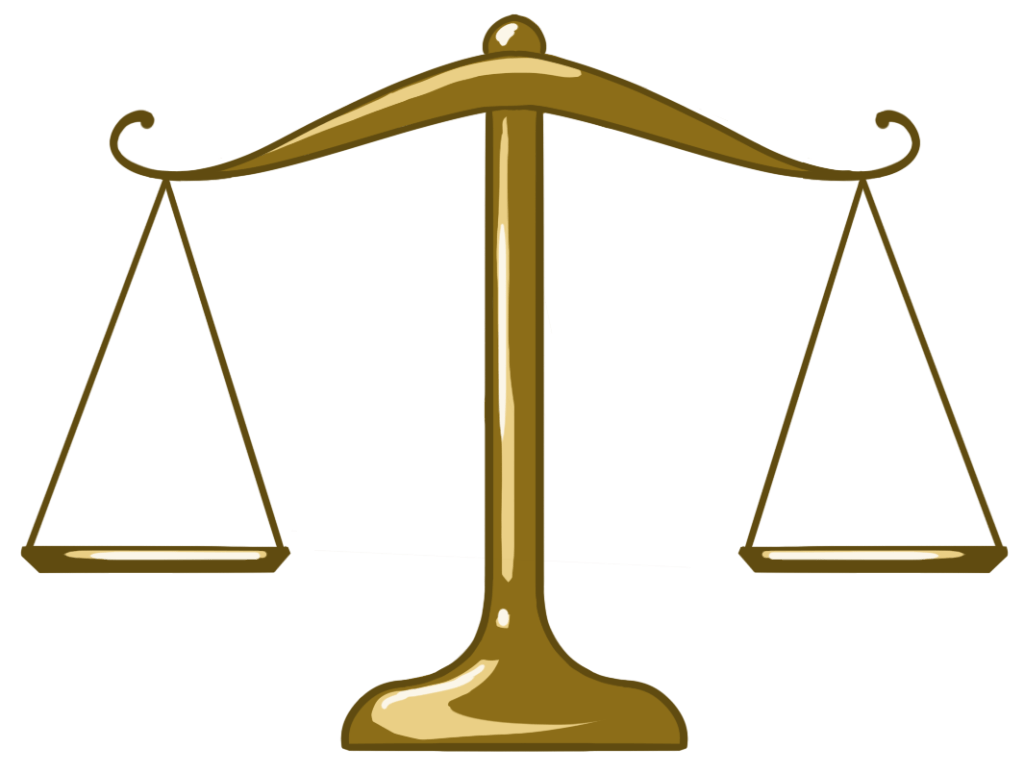 Illustration of a balanced set of scales, commonly used as a symbol of justice, fairness, ethics, or equality.