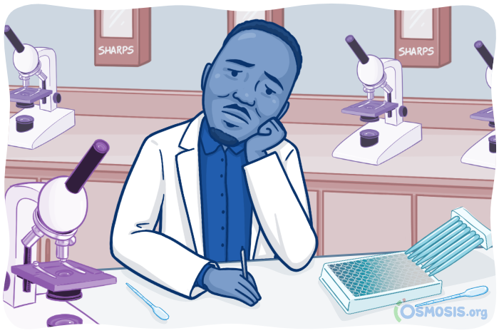 A healthcare student who's feeling burned out while trying to get a project done in the lab, surrounded by microscopes and various lab equipment.