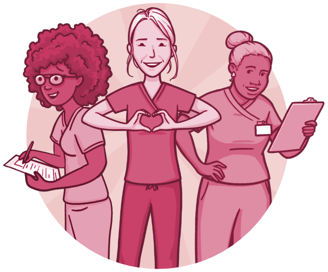 Illustration of three healthcare professionals standing together inside a circular frame. One writes notes on a clipboard, one forms a heart shape with her hands, and another holds a tablet, suggesting teamwork, compassion, and patient-centered care.