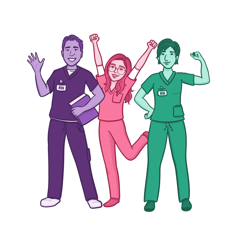 Illustration of three nurses wearing scrubs, two with “RN” badges, standing together in celebratory poses. One waves while holding a book, one jumps with arms raised, and one flexes an arm, conveying confidence, teamwork, and enthusiasm.