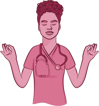 A nurse whose eyes are closed and whose fingers are in a Zen meditation pose. She's practicing mindfulness by giving herself a moment to mentally prepare before cleaning up a patient.