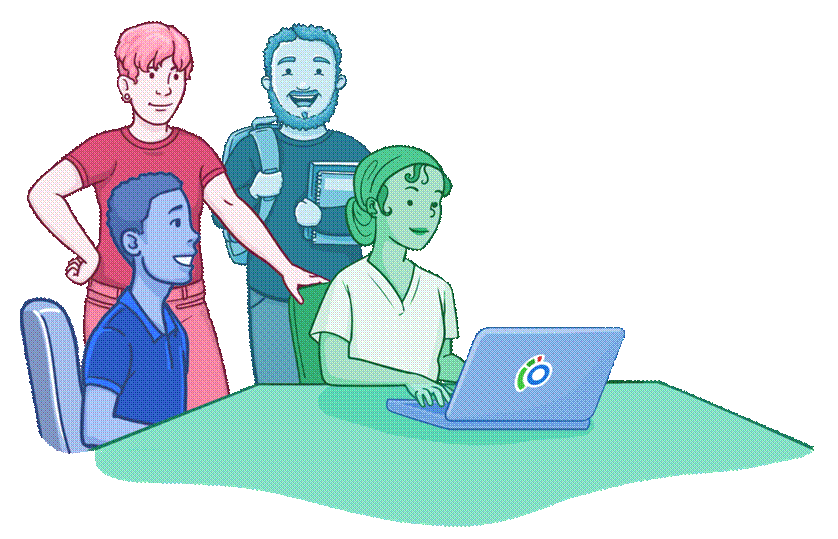 Osmosis.org style illustration of four students gathered around a laptop, with one student using the computer while the others look on, representing collaborative learning and studying together.