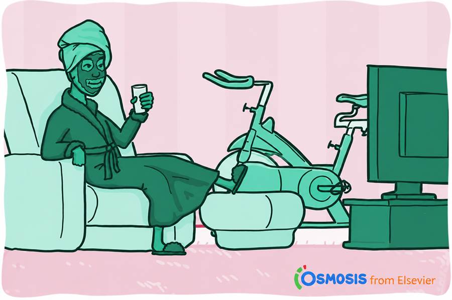Osmosis.org style illustration of a person relaxing in an armchair with a drink while using a stationary exercise bike positioned in front of a television.