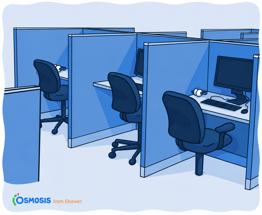 Osmosis.org style illustration of individual computer workstations separated by privacy dividers, each equipped with a monitor, keyboard, mouse, headphones, and office chair.