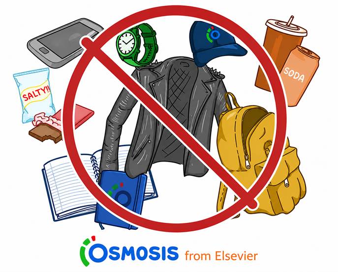 Osmosis.org style illustration of school and study items—including a phone, watch, clothing, backpack, notebooks, salty snacks, and soda—covered by a red prohibition symbol, representing distractions and unnecessary items to avoid or leave behind.
