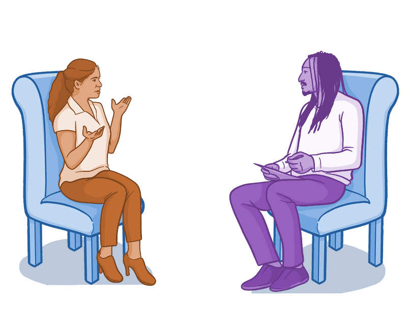 A healthcare worker speaks with a therapist to help manage their stress and anxiety about work and school.