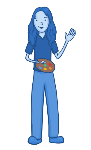 A person with long hair and a nice smile waving at us and holding a paint palette with various colors of paint on it.
