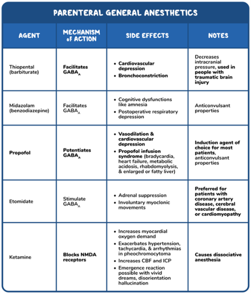 PARENTERAL GENERAL ANESTHETICS
Agent / Mechanism of Action / Side Effects / Notes
Thiopental (Barbiturate) / Facilitates GABA / * Cardiovascular depression * Bronchoconstriction / Decreases intracranial pressure with traumatic brain injury
Midazolam / Facilitates GABA / * Cognitive dysfunctions like amnesia * Postoperative respiratory depression / Anticonvulsant properties
Propofol / Potentiates GABA / * Vasodilation & cardiovascular depression * Propofol infusion syndrome (bradycardia, heart failture, metabolic acidosis, rhabdomyolysis, & enlarged fatty liver) / Induction agent of choice for most patients, anticonvulsant properties
Etomidate / Stimulate GABA / * Adrenal suppression * Involuntary myoclonic movements / Preferred for patients with coronary artery disease, cerebral vascular disease, or cardiomyopathy
Ketamine / Blocks NMDA receptors / * Increases myocardial oxygen demand * Exacerbates hypertension, tachycardia & arrhythmias in pheochromocyotoma * Increases CBF and ICP * Emergence reaction possible with vivid dreams, disorientation hallucination / Causes dissociative anesthesia