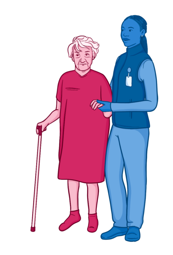 A nurse assists an older woman who is a patient with walking back to her room.