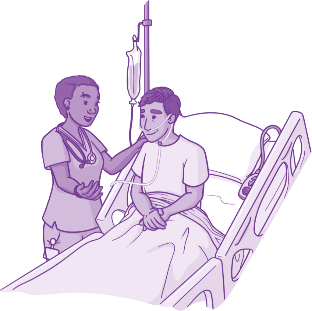 A nurse wearing a stethoscope cares for a patient who's in a hospital bed, with an IV and nasal cannula, smiling and chatting with her.