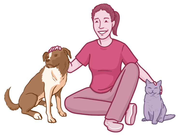 A dog and a cat sitting with their human owner, who has PTSD and gets assistance from them. Everyone looks happy and content in the image.