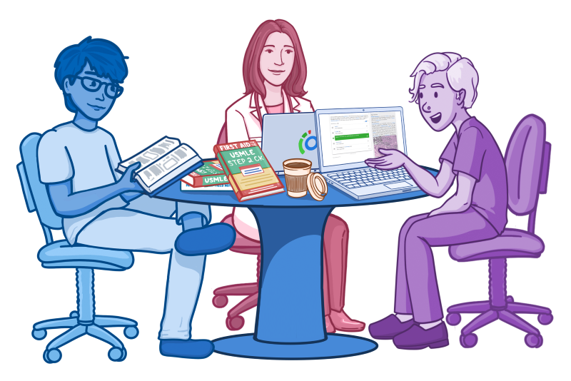 A group of three healthcare students studying in a breakroom, having coffee and chatting. One is reading a text while the other two students use Osmosis.