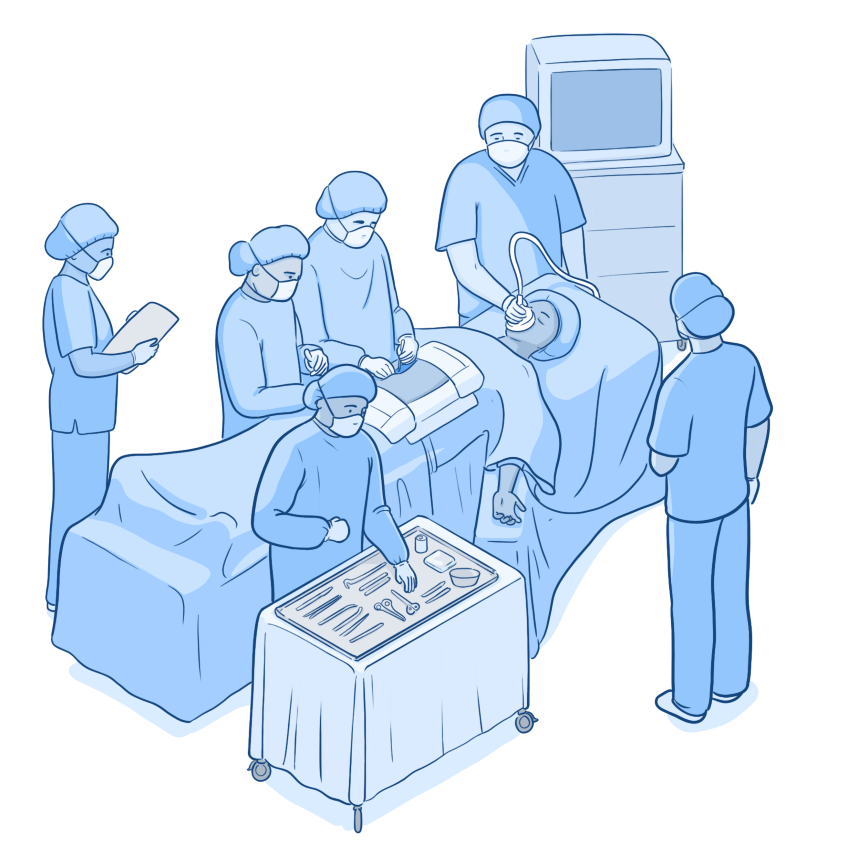A modern-day surgical theater with a patient under anesthesia with a surgical team surrounding him.