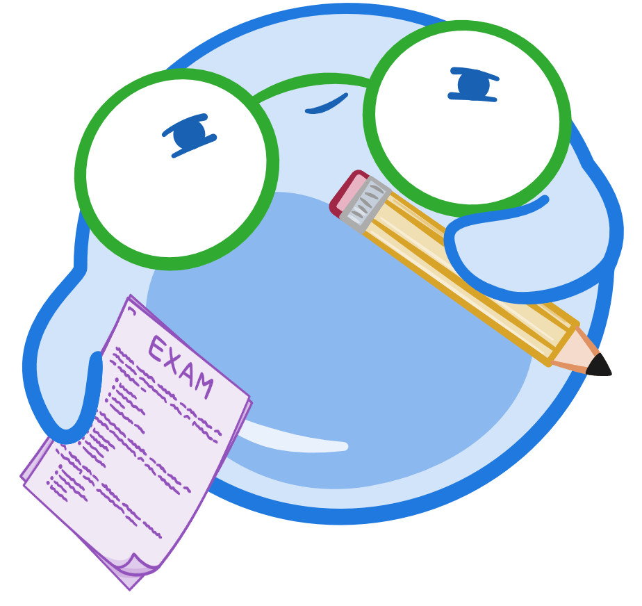 Ilustración de un personaje de dibujos animados con gafas de gran tamaño que sostiene un lápiz y una hoja de examen marcada con la palabra "EXAM". El personaje se muestra concentrado y reflexivo, simbolizando el estudio, la preparación para exámenes y la concentración.