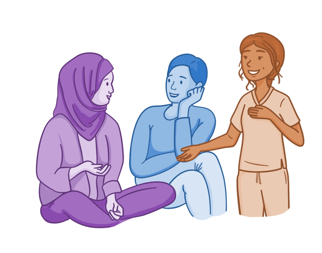A group of friends chatting after a presentation at a conference.