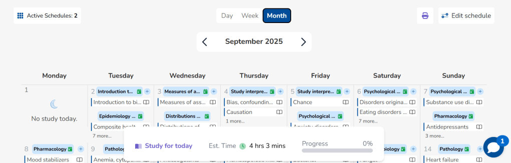 A Step 1 study schedule from the updated Osmosis tool.