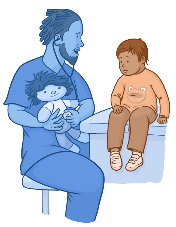 A pediatrician showing a toddler patient what an examination looks like to help the child feel comfortable.