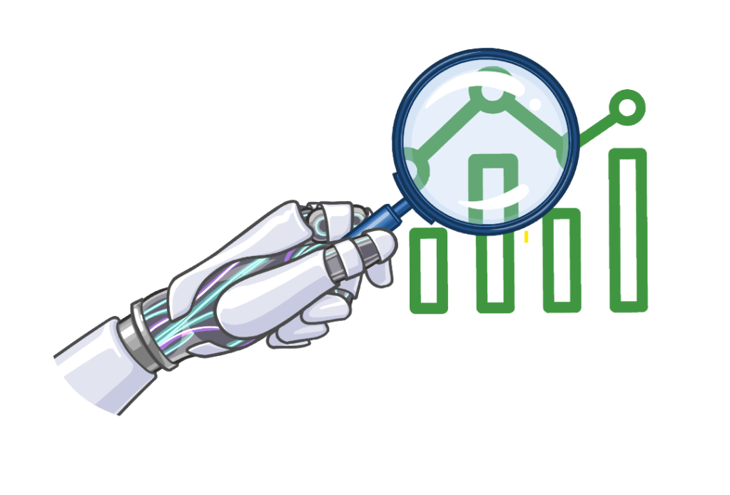 A robotic arm holding a magnifying glass over a chart to indicate data research.