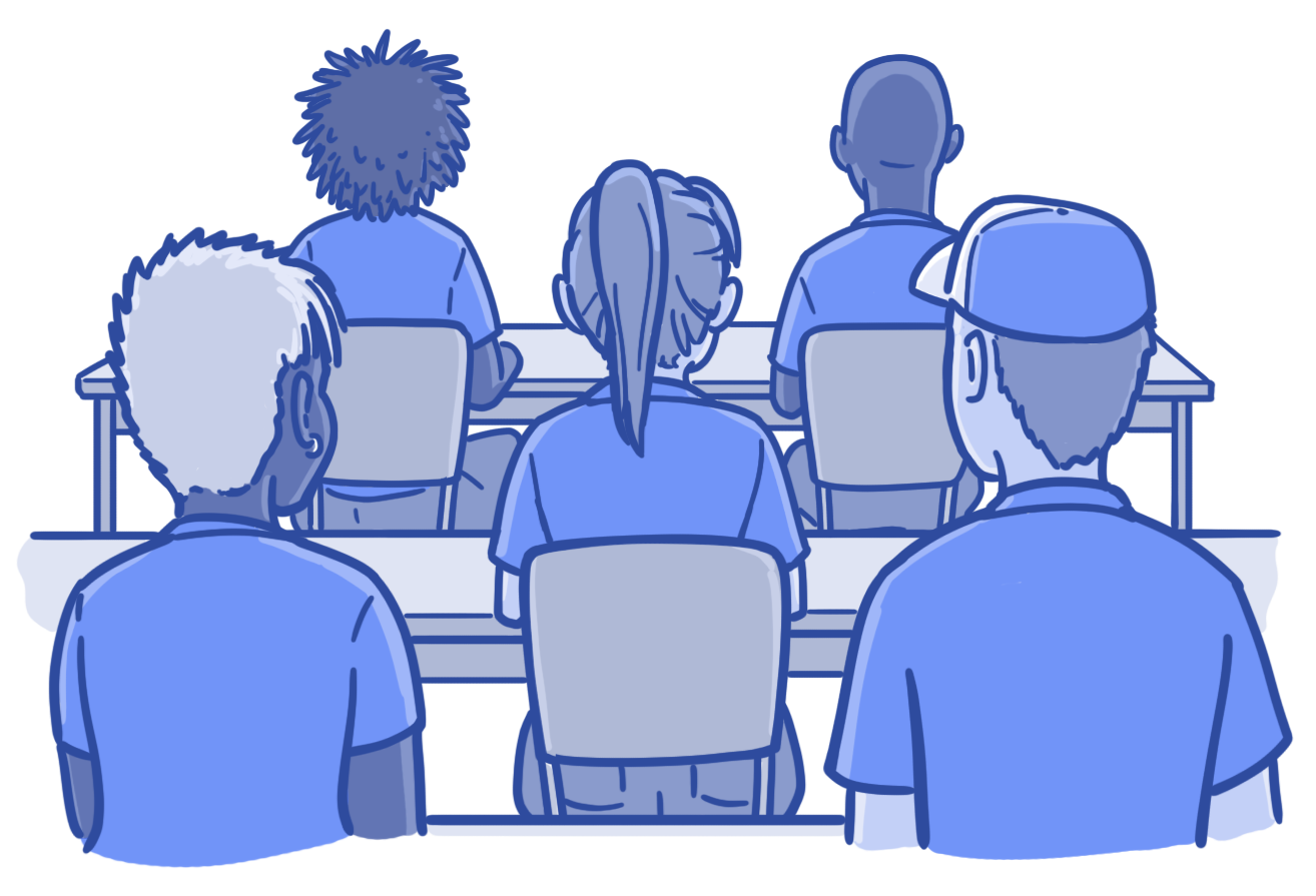 A view of the students in a classroom from the back of the room.
