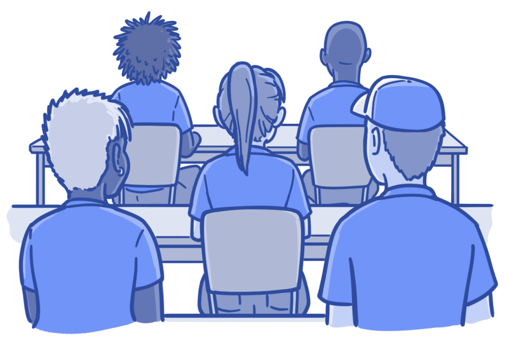 An illustration of a group of healthcare students in the classroom from behind.