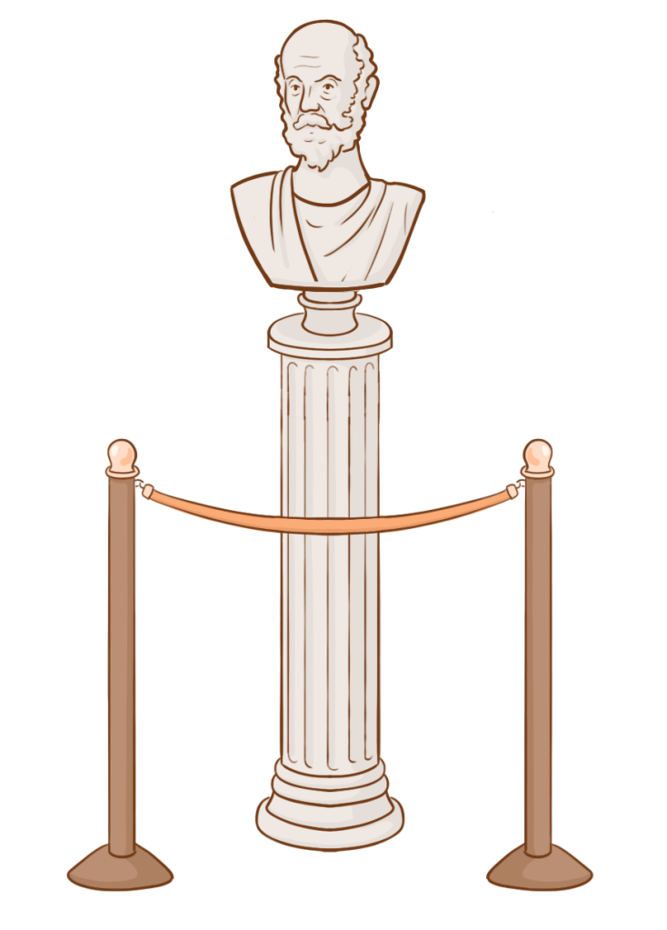 A sculpture bust of Hippocrates on a pedestal and roped off, like in a museum.