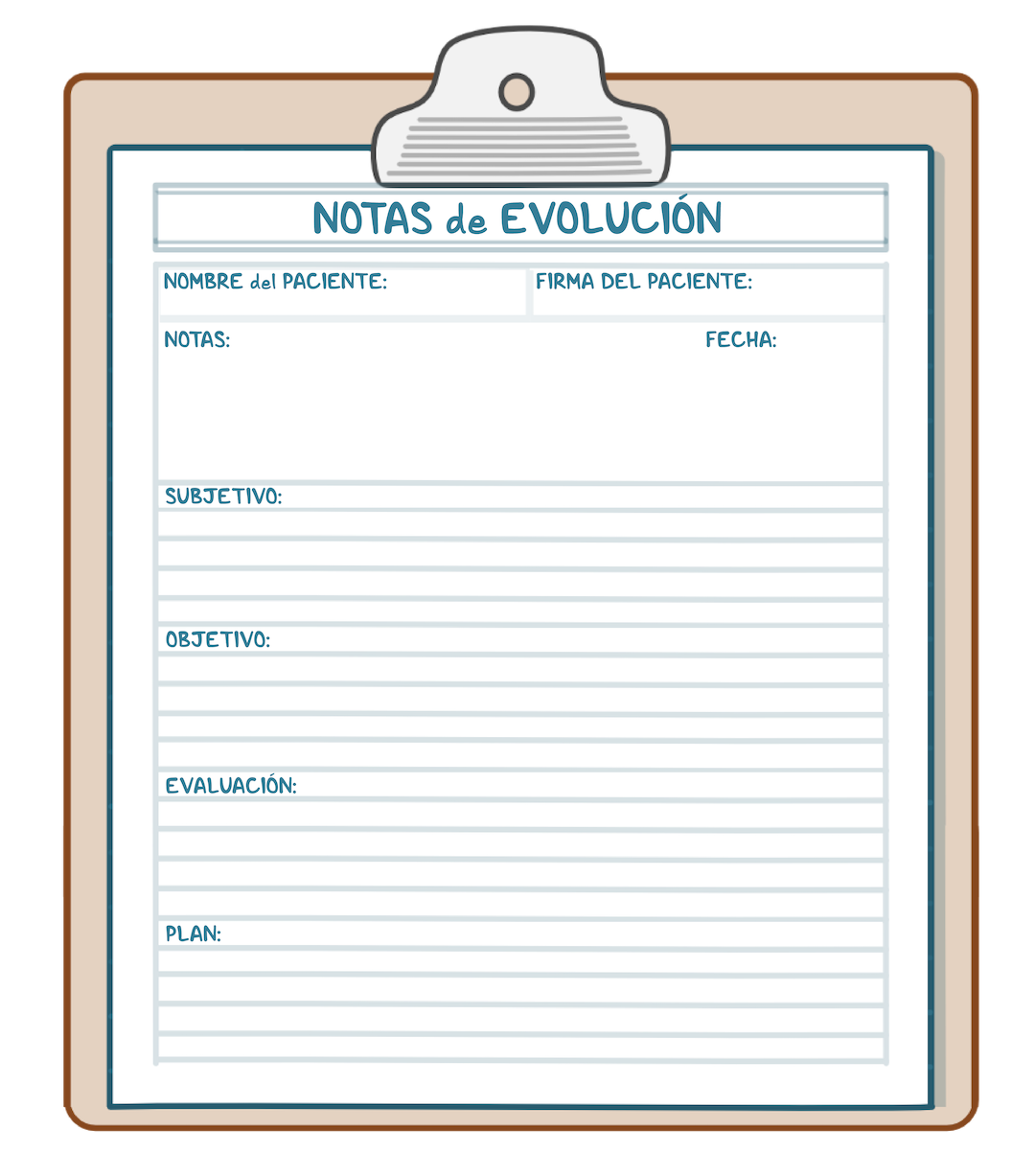 Notas de evolucion
Nombre del Paciente / Firma del Paciente
Notas: / Fecha:
Subjectivo:
Objectivo:
Evaluacíon:
Plan:
