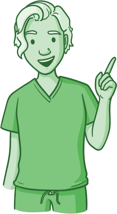 A medical student in scrubs with blonde hair and hand raised with a finger up, looking overconfident on their first day of clinical rotations.