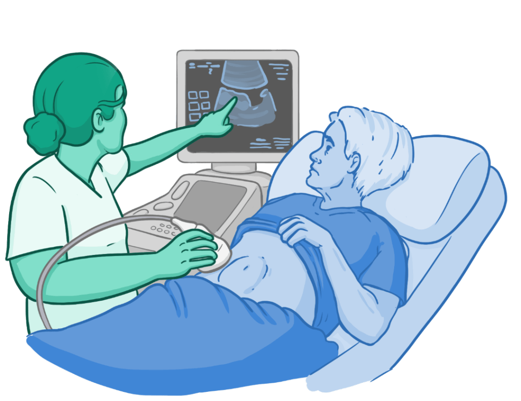 A radiologist performing an ultrasound on a patient, showing them the results on the screen.