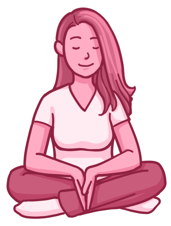 Illustration of a calm person sitting cross-legged in a meditation pose, eyes closed and hands resting together in their lap, wearing a light-colored shirt and pants in soft pink tones, conveying relaxation and mindfulness.