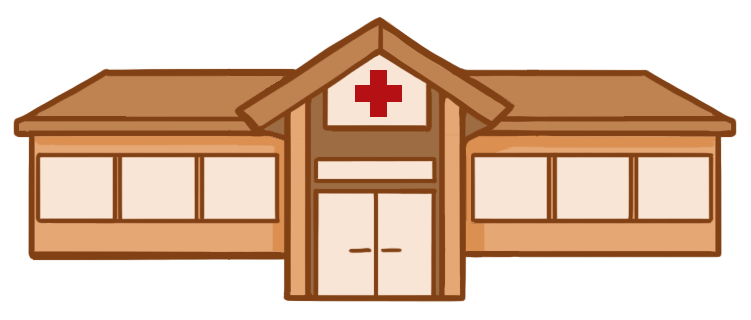 Illustration of a small community health clinic with a central entrance, double doors, windows on both sides, and a red medical cross displayed above the doorway.