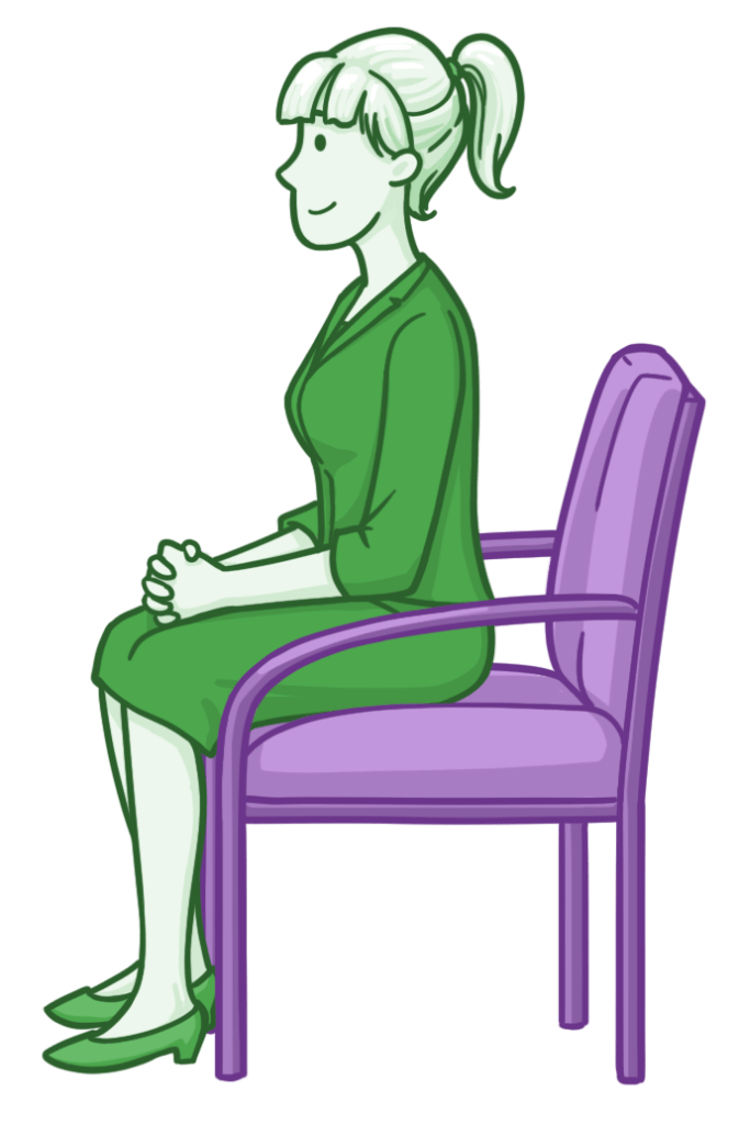 An illustration of a medical student who is professionally dressed, seated with a smile, ready to take part in a residency interview.