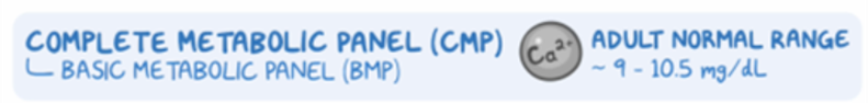 Illustration showing part of a medical test reference. The text reads:
“Complete Metabolic Panel (CMP)” with an indented note underneath: “Basic Metabolic Panel (BMP).”
Next to it is a gray circular icon labeled “Ca²⁺” representing calcium.
To the right, the text says “Adult Normal Range ~ 9 – 10.5 mg/dL.”