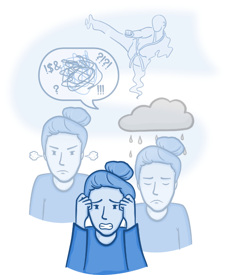 Blue-toned illustration representing mental distress: three versions of the same person show different emotional states—angry, anxious (holding their head), and sad under a raining cloud. Above them, a tangled speech bubble with punctuation marks suggests confusing thoughts, and a ghostly, martial-arts–like figure floats overhead, symbolizing intrusive or disordered thoughts.