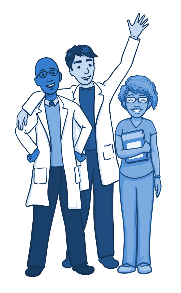 Illustration of three smiling people on a healthcare team standing together in blue tones, two wearing lab coats and one holding books. One person raises a hand in greeting or celebration, suggesting teamwork, learning, and a positive academic or healthcare setting.
