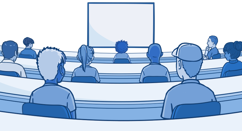 Illustration of students seated in a tiered lecture hall, viewed from behind, facing a large projection screen at the front, indicating a classroom setting.