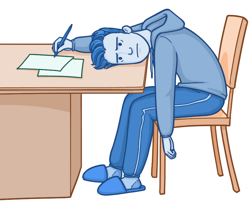Illustration of a tired person slumped over a desk while holding a pen, head resting on the tabletop, with papers in front of them, conveying exhaustion, low energy, or difficulty concentrating.