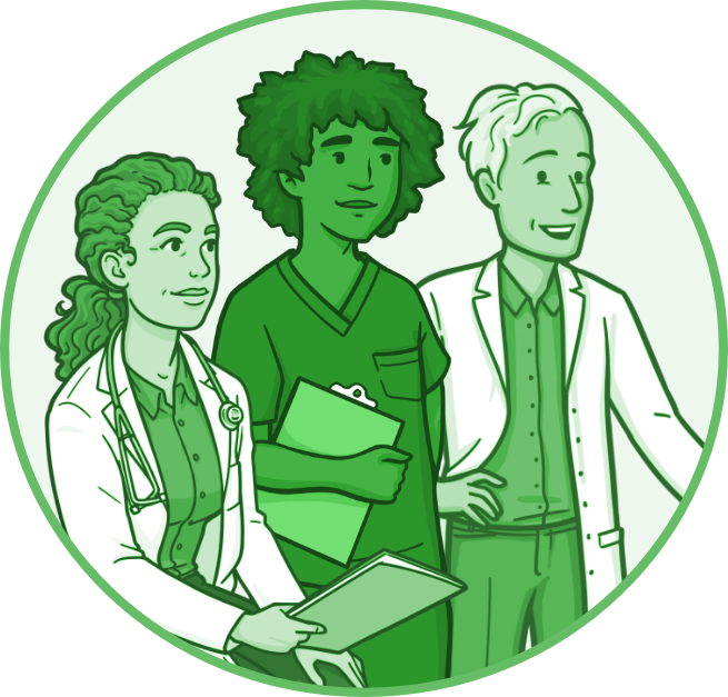 Illustration of three medical professionals standing together within a green circular frame. One wears a lab coat with a stethoscope, another wears scrubs holding a clipboard, and the third wears a lab coat, suggesting a collaborative clinical team.
