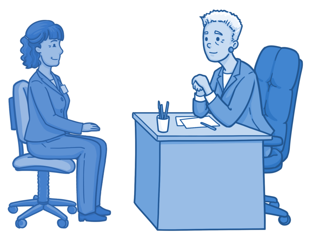 Illustration of a fellowship interviewer seated behind a desk speaking with a fellowship candidate. Both are seated facing each other, with papers and pens on the desk.