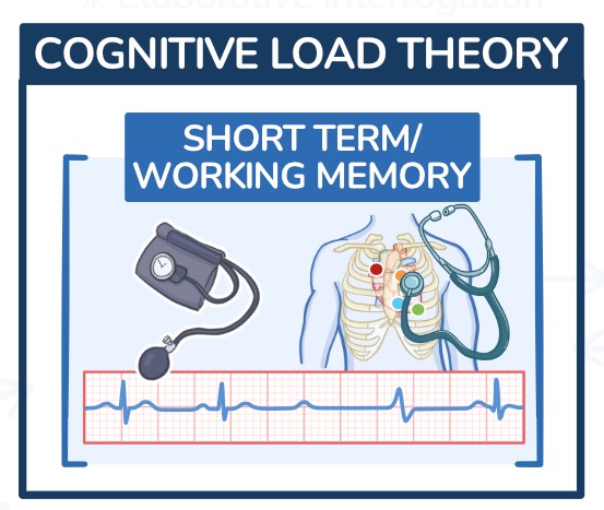 Graphic titled, "Cognitive Load Theory" with a subtitle of "Short Term/Working Memory" and images of blood pressure cuff, a human torso, a stethoscope, and a heart rhythm on the ECG.