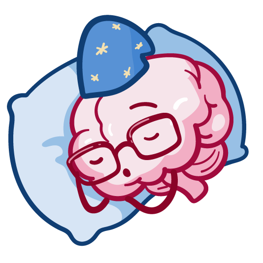 A whimsical illustration of a brain, resting on a pillow, with a nightcap and glasses on.