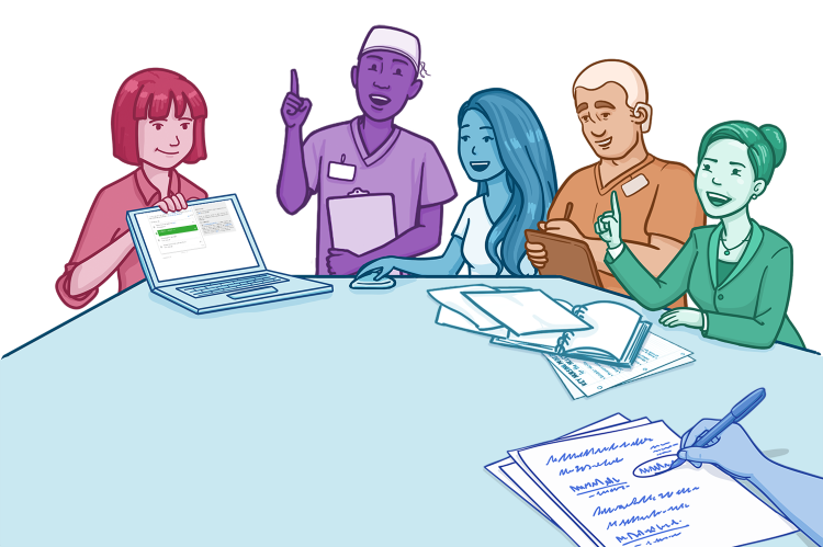 Illustration of a diverse group of healthcare students studying together around a table. One student presents information on a laptop, others discuss and take notes using notebooks and tablets, and one person gestures as if explaining a point, suggesting collaborative learning and teamwork.