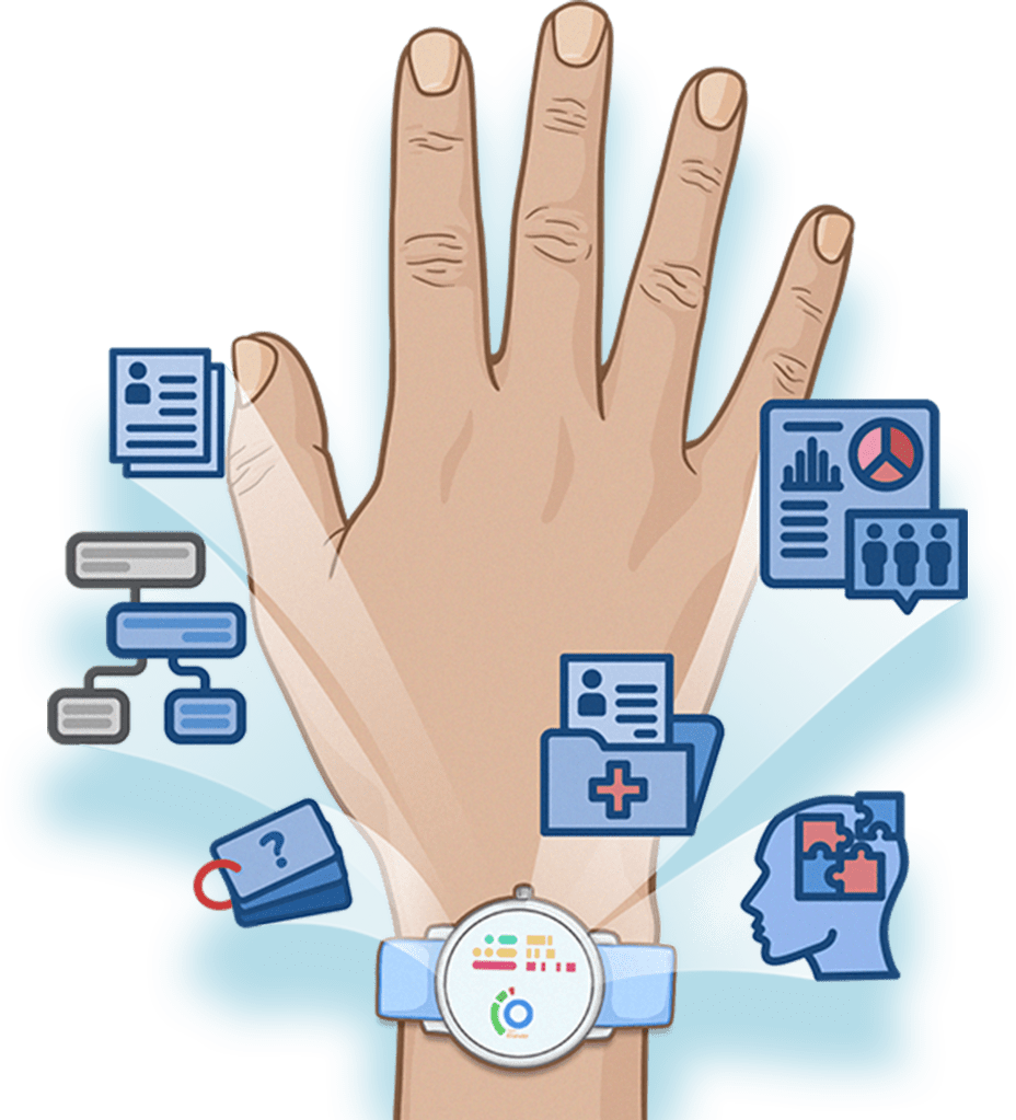 Illustration of a raised hand wearing a smartwatch, with icons radiating outward that represent digital health data, personal records, analytics, mental health, and medical information, symbolizing wearable technology and health monitoring.
