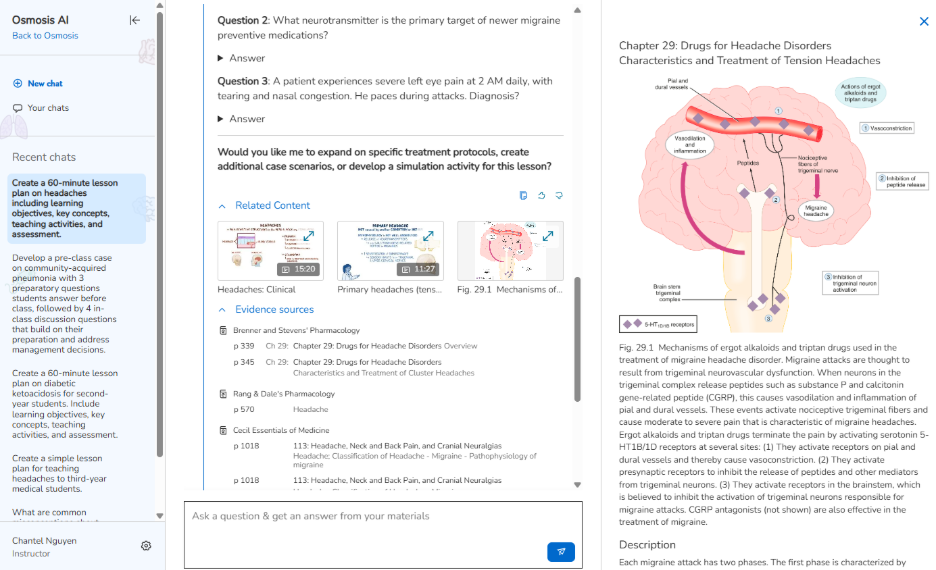Screenshot of an educational platform interface (Osmosis AI) showing a lesson on headache disorders. The screen includes a sidebar with lesson planning options, a central panel displaying quiz questions and related content, and a right panel with a textbook page featuring a labeled brain diagram illustrating mechanisms of migraine and treatment targets.